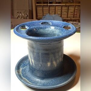 Toothbrush, Toothpaste & Razor Holder – Handmade Pottery in a Rich Blue, Signed